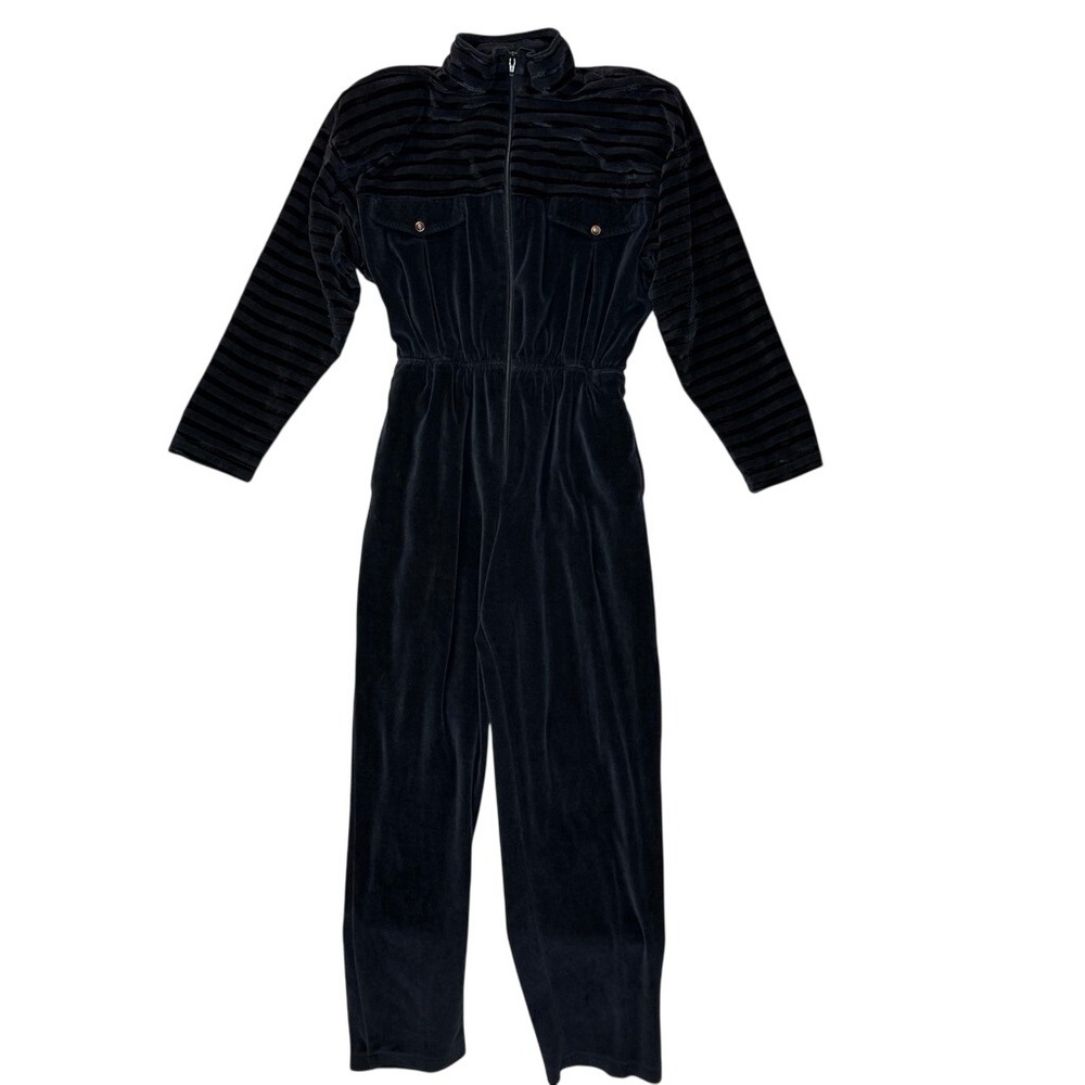 Vintage 90s Sporty Chic Tracksuit Athleisure Black Velvet Jumpsuit MEDIUM